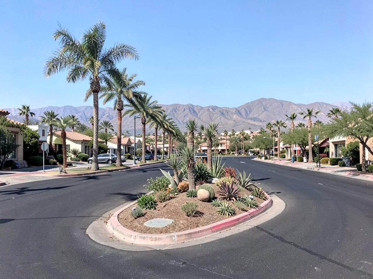 Curving suburban boulevard with a landscaped median of palms and desert plants below low mountains