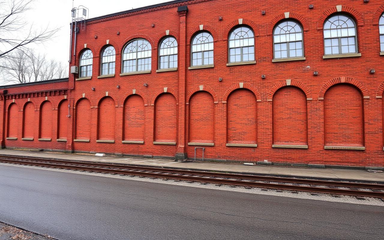 Long blank red brick industrial warehouse wall with arched windows beside rusted rail tracks