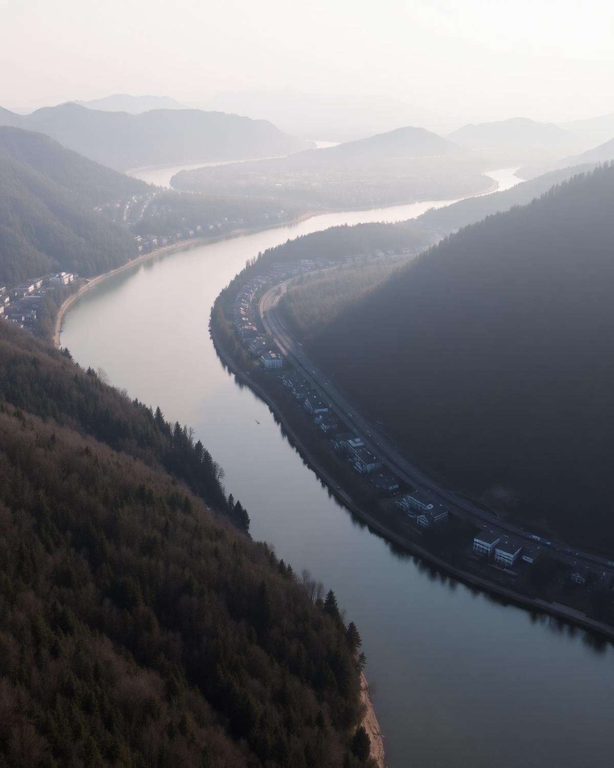 Aerial view of a wide river bending between wooded hills with rooftops on the slopes in morning haze