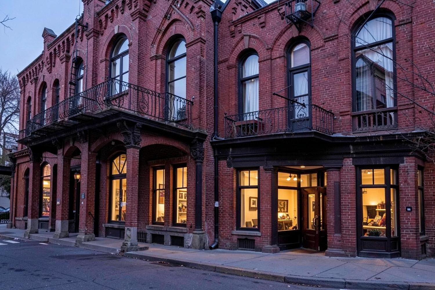 Historic downtown street of two-story red brick storefronts with tall arched windows and iron balconies at dusk with warm lit windows