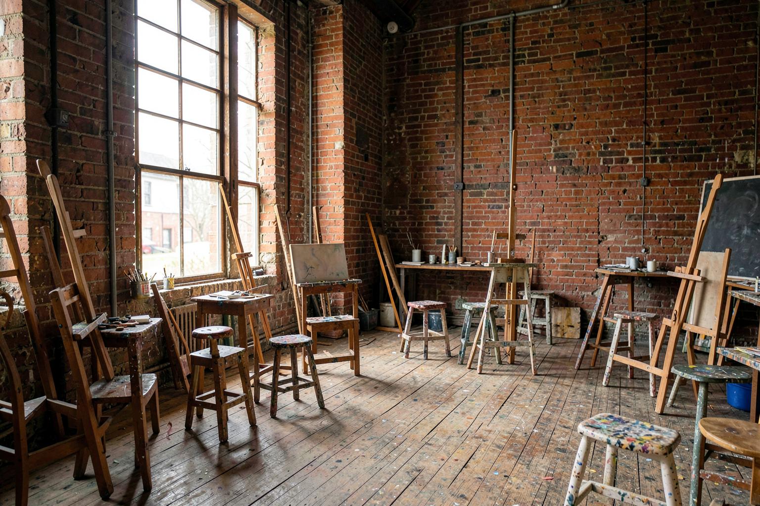 Converted brick warehouse art studio with tall windows, worn wooden floors, easels and paint-spattered stools in daylight