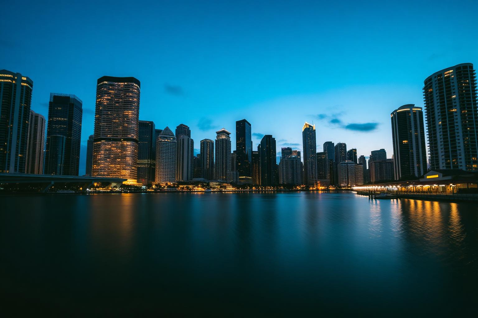 Miami Brickell skyline lit at dusk reflected across Biscayne Bay