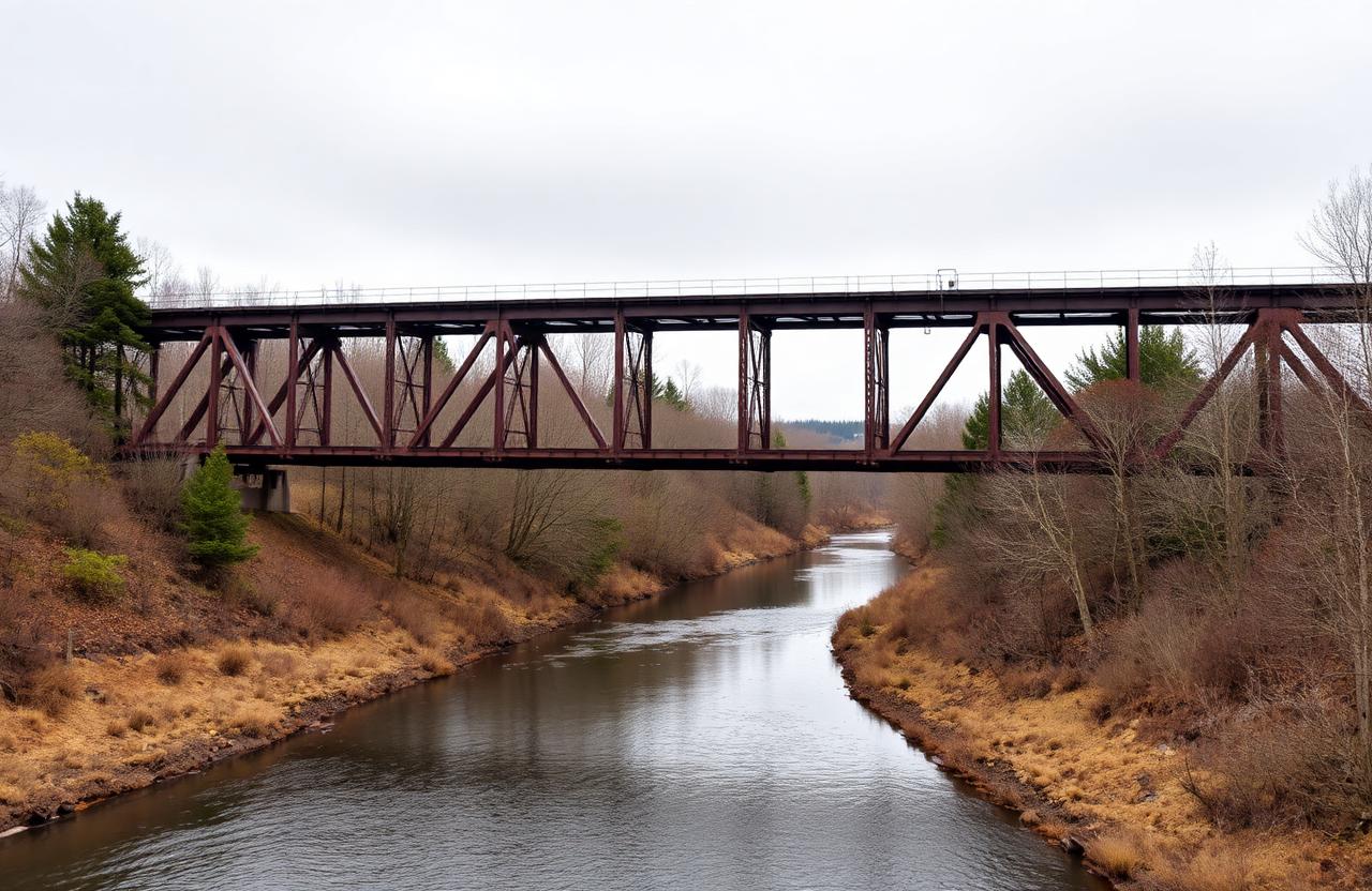 Old steel truss bridge spanning a narrow river between wooded banks under a grey sky