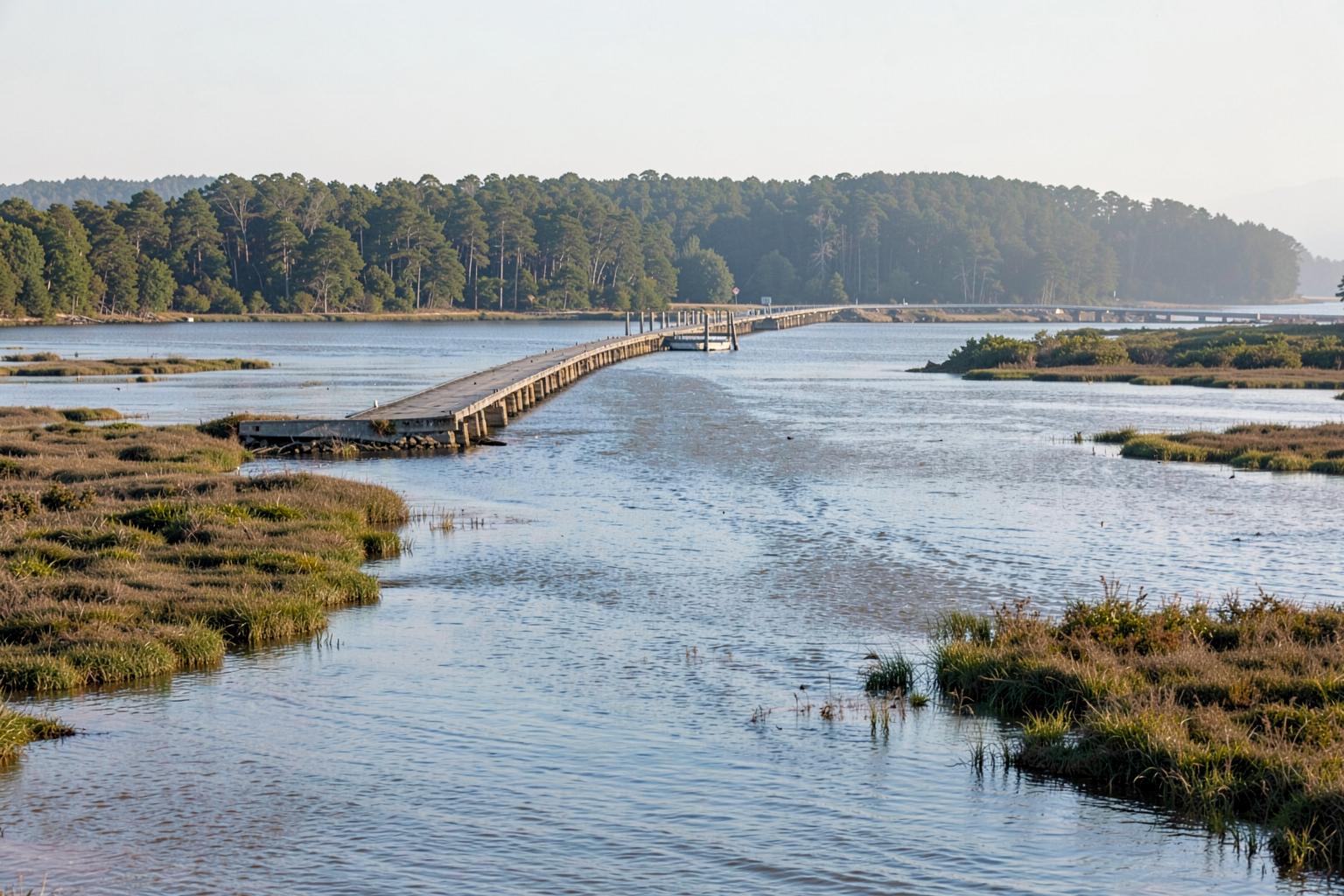 Long low bridge crossing a wide tidal waterway toward a forested barrier island with salt marsh on both sides