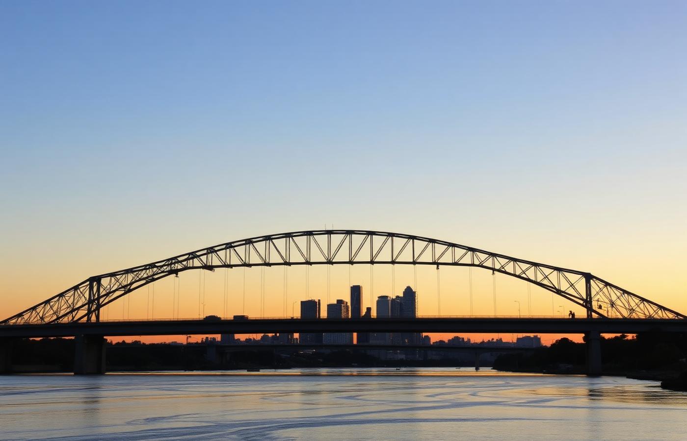 A steel river bridge silhouetted against a warm dusk sky reflecting on calm water