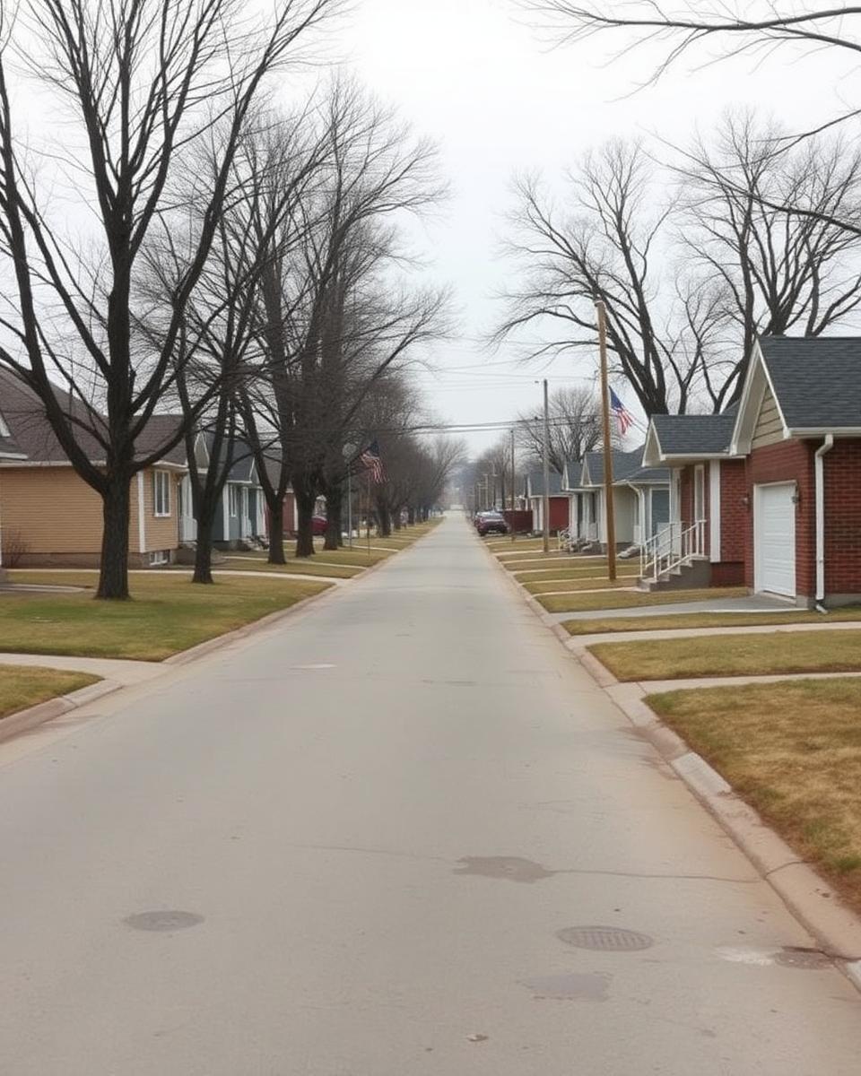 Residential street of modest post-war bungalows with detached garages in a flat midwestern neighborhood