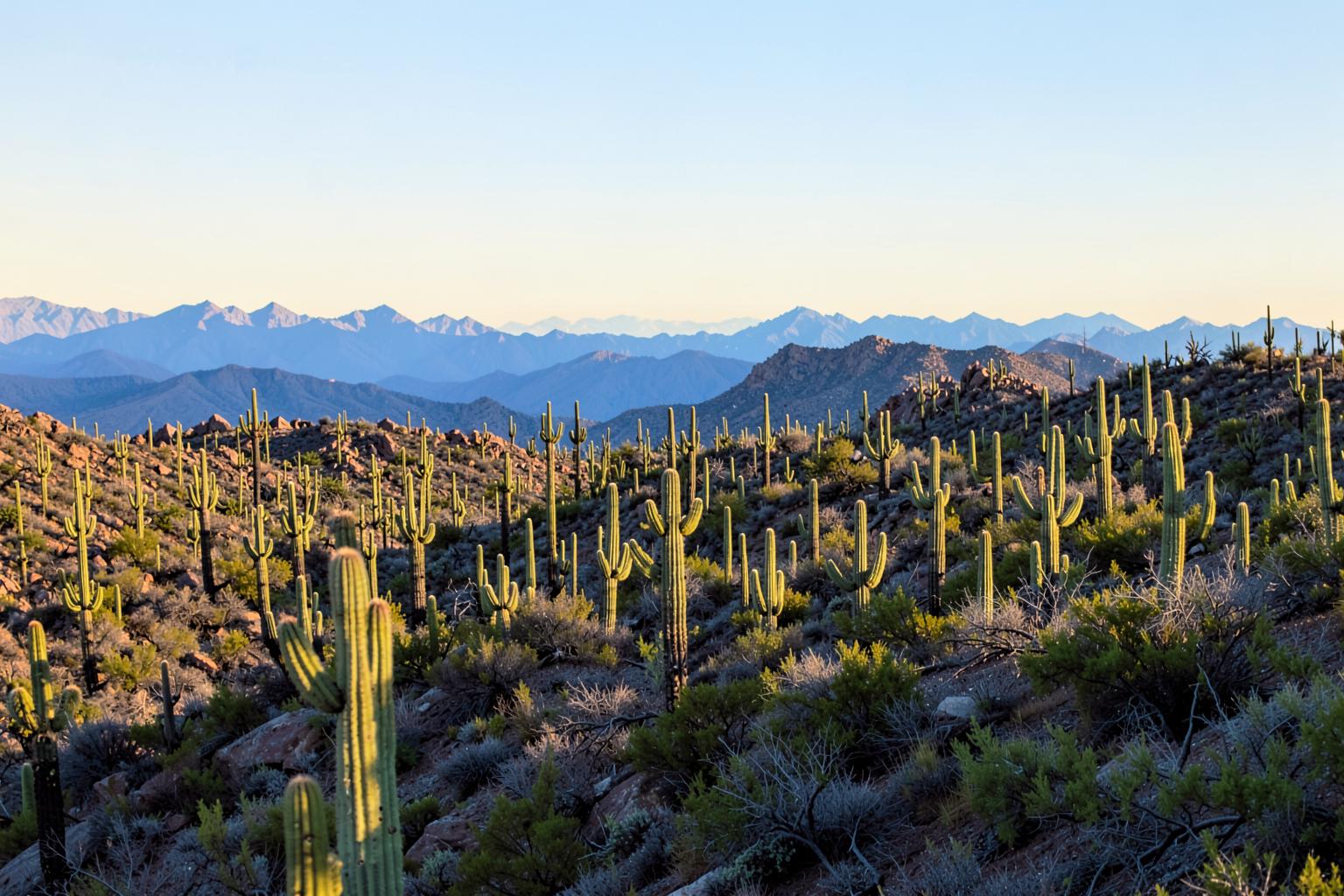 Saguaro cactus forest across a desert hillside with distant blue mountain ranges at golden hour