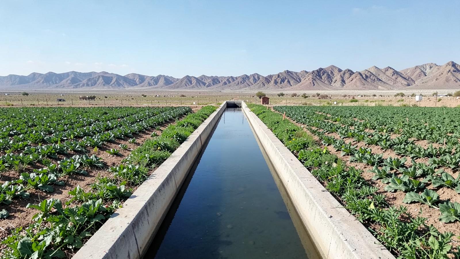 Concrete irrigation canal running straight between rows of green winter vegetables in flat low desert with arid ridges beyond