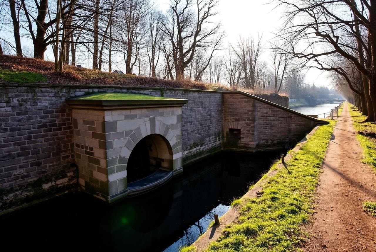 Historic stone canal lock chamber beside still water with a grass towpath and bare winter trees