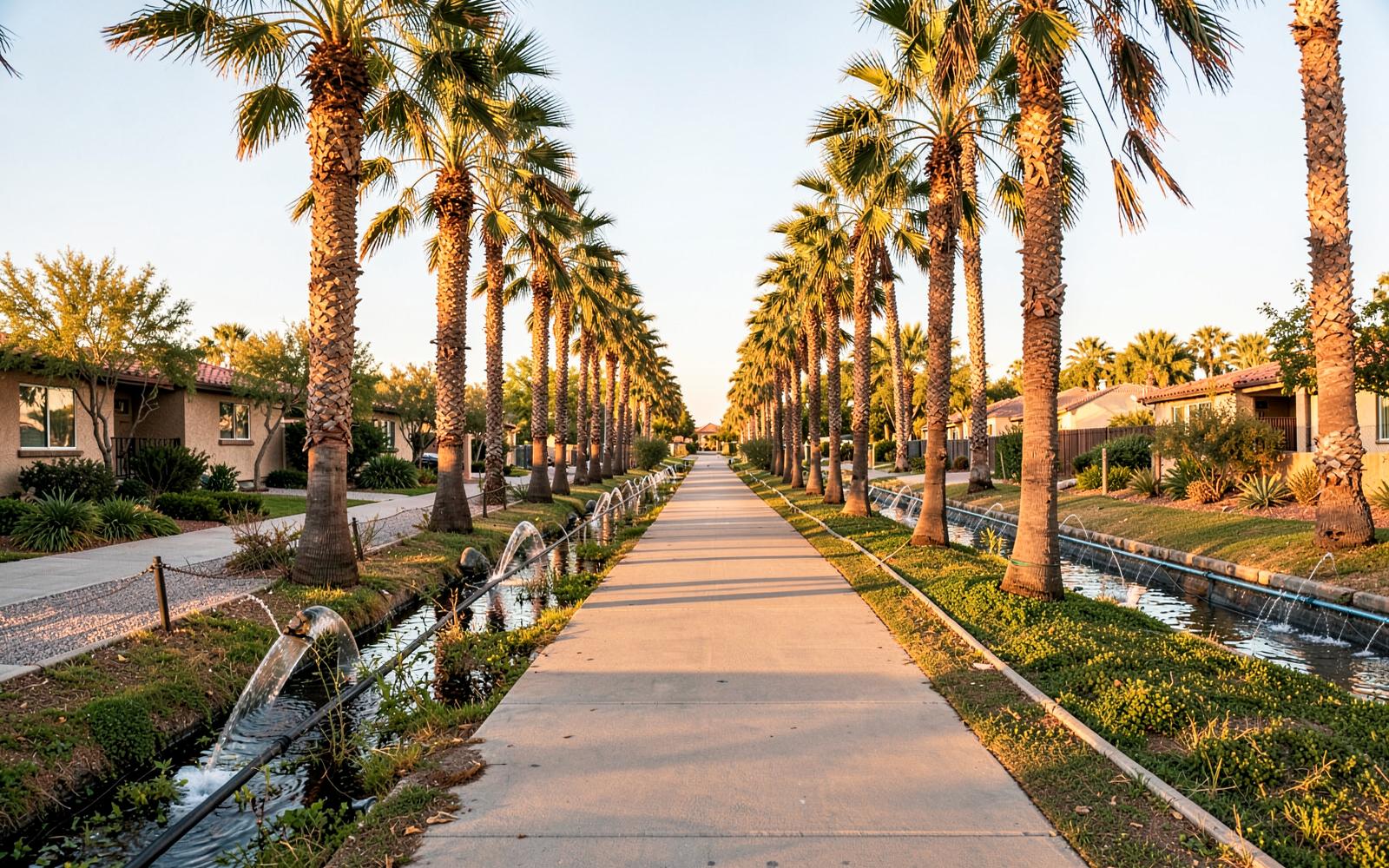 Palm-lined irrigation canal path running through a desert neighborhood in warm morning light