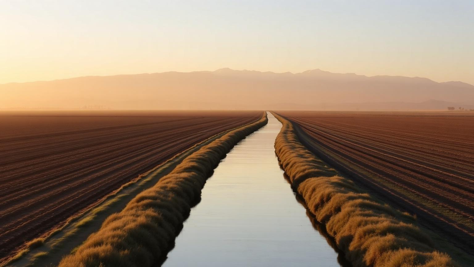 Irrigation canal running through Central Valley farmland with the Sierra foothills in the distance