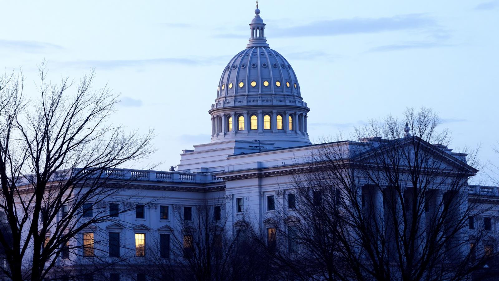 Illinois State Capitol dome rising above the Springfield skyline at dusk with warm sky behind the tree line