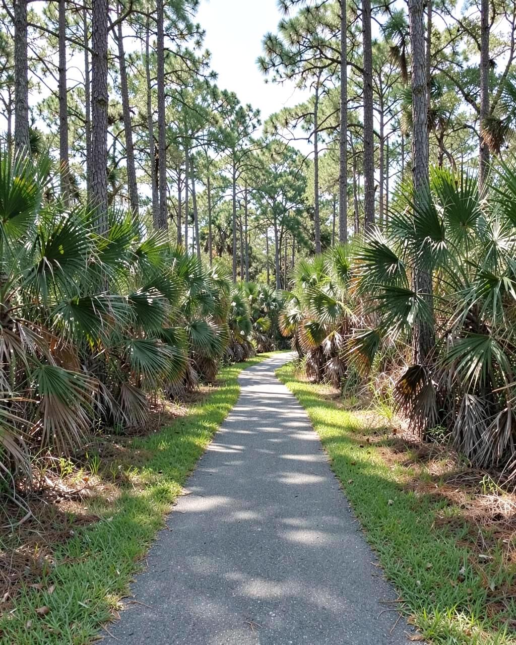 Narrow paved path winding through dense palmetto scrub and tall pines in dappled sunlight