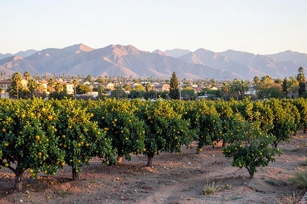 Rows of citrus grove trees on the edge of a desert suburb with mountains behind at early morning