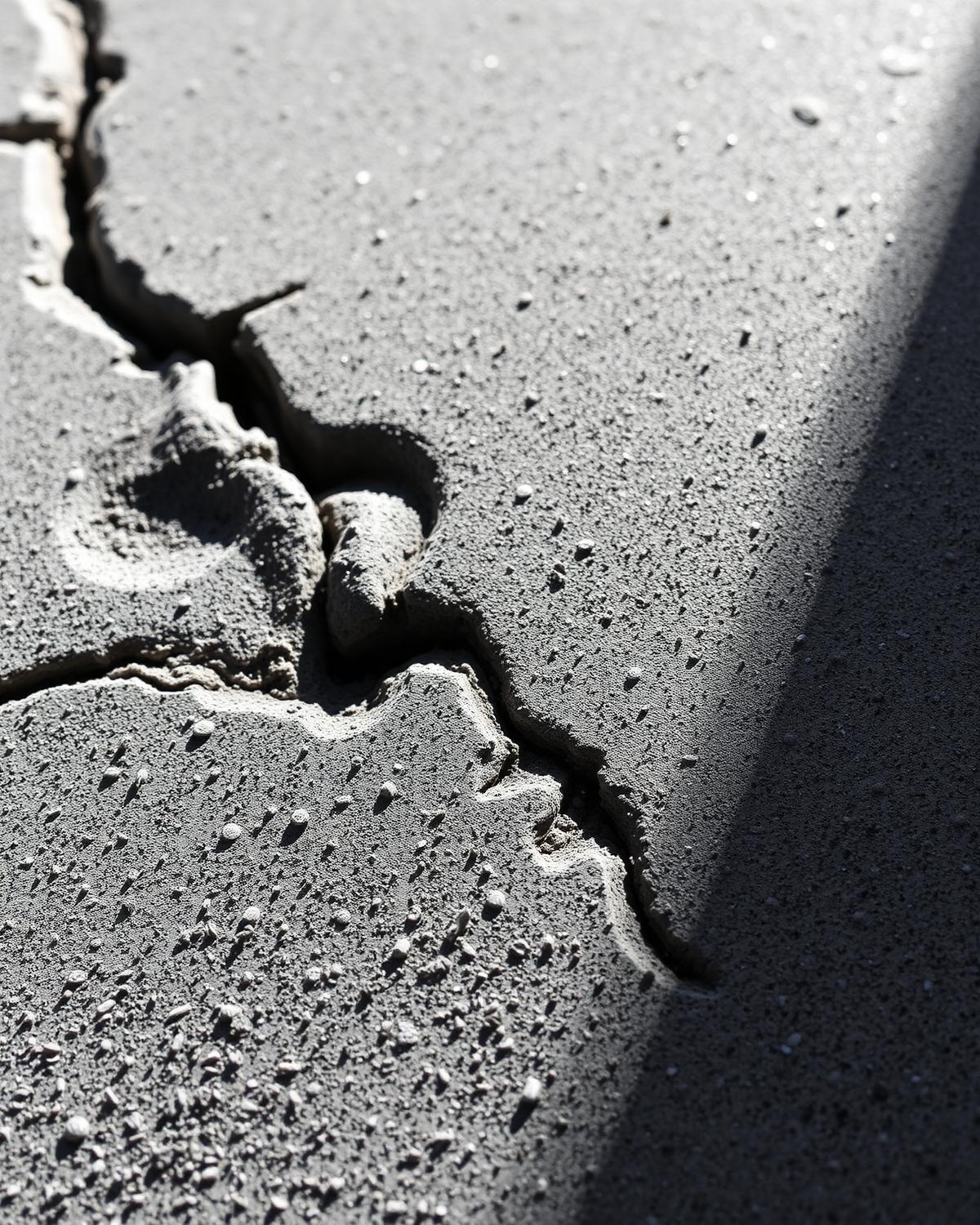 Macro detail of cracked gray concrete surface, representing Houston clay soil movement