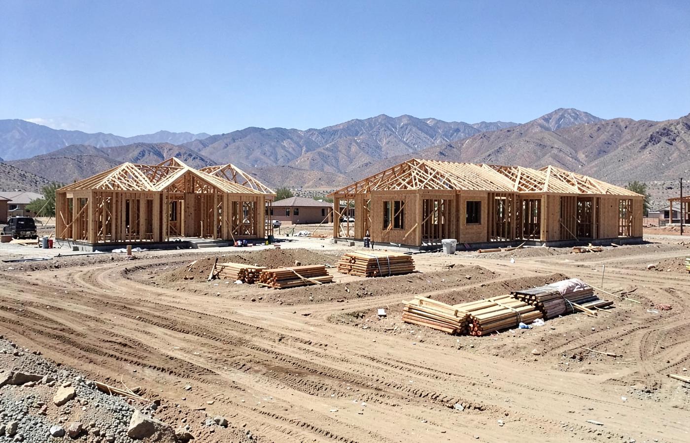 Desert subdivision under construction with wood framed houses and graded dirt lots below bare mountains