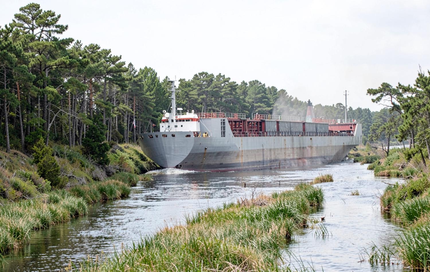 Large unmarked container ship moving up a river channel past low wooded banks