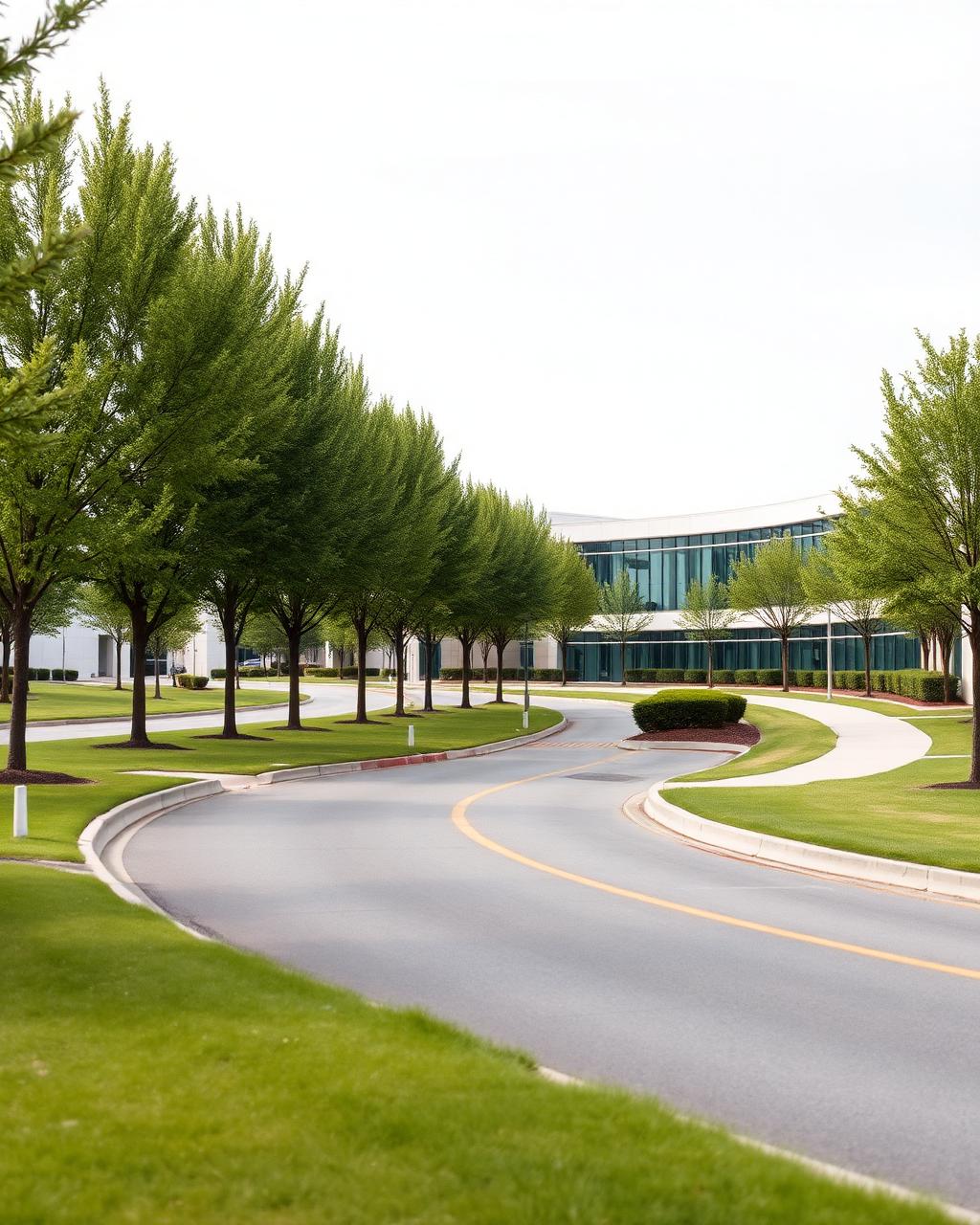 A modern office corridor building along a landscaped corporate campus near Naperville