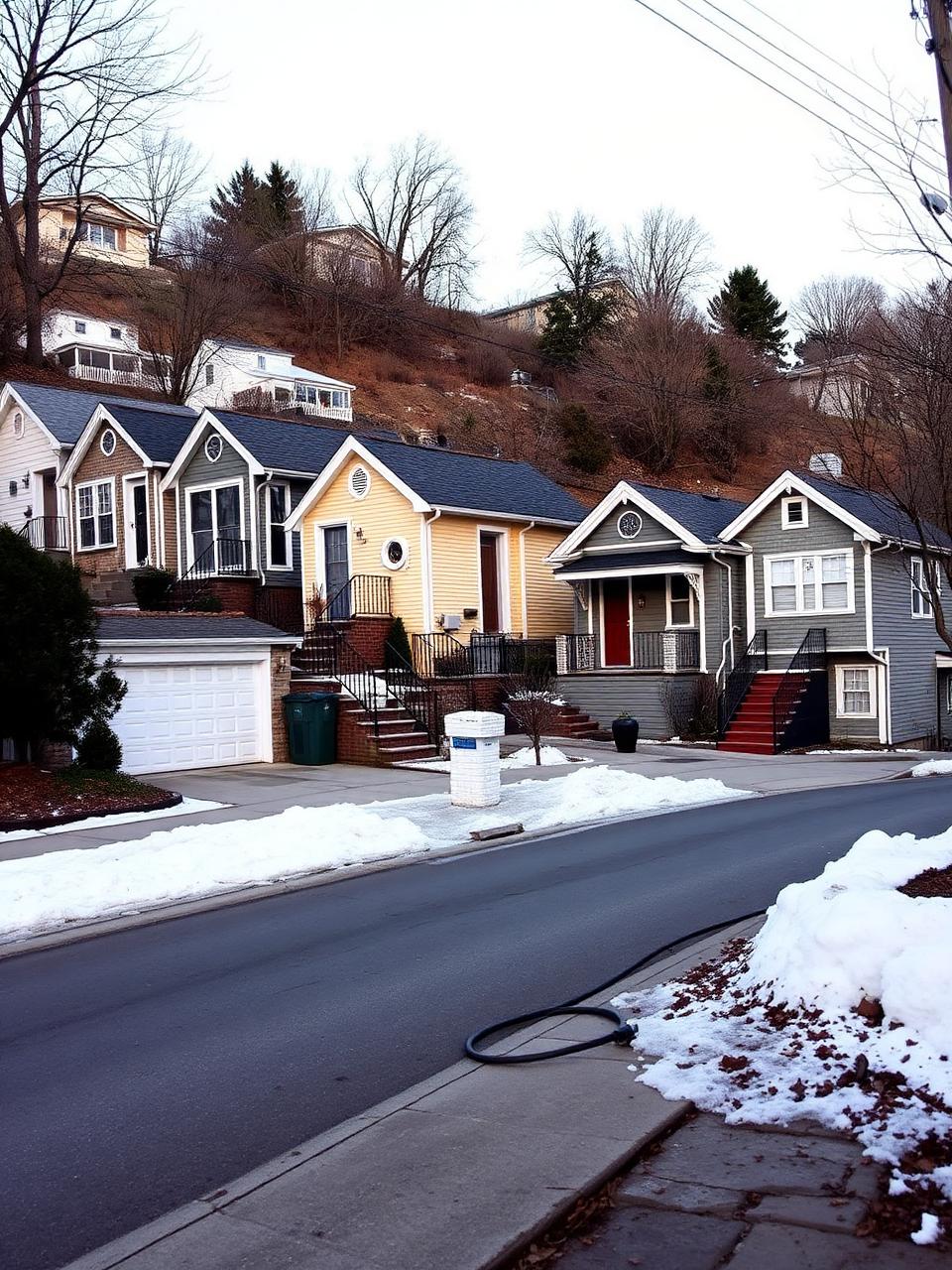 Row of compact 1920s worker cottages on a hillside street with narrow driveways and melting snow at the curb