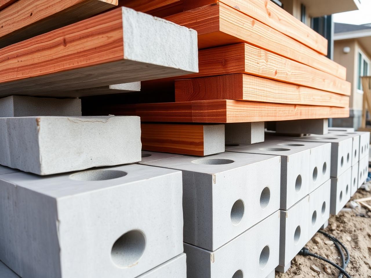 Stacked redwood lumber and concrete blocks staged on a San Jose remodeling jobsite