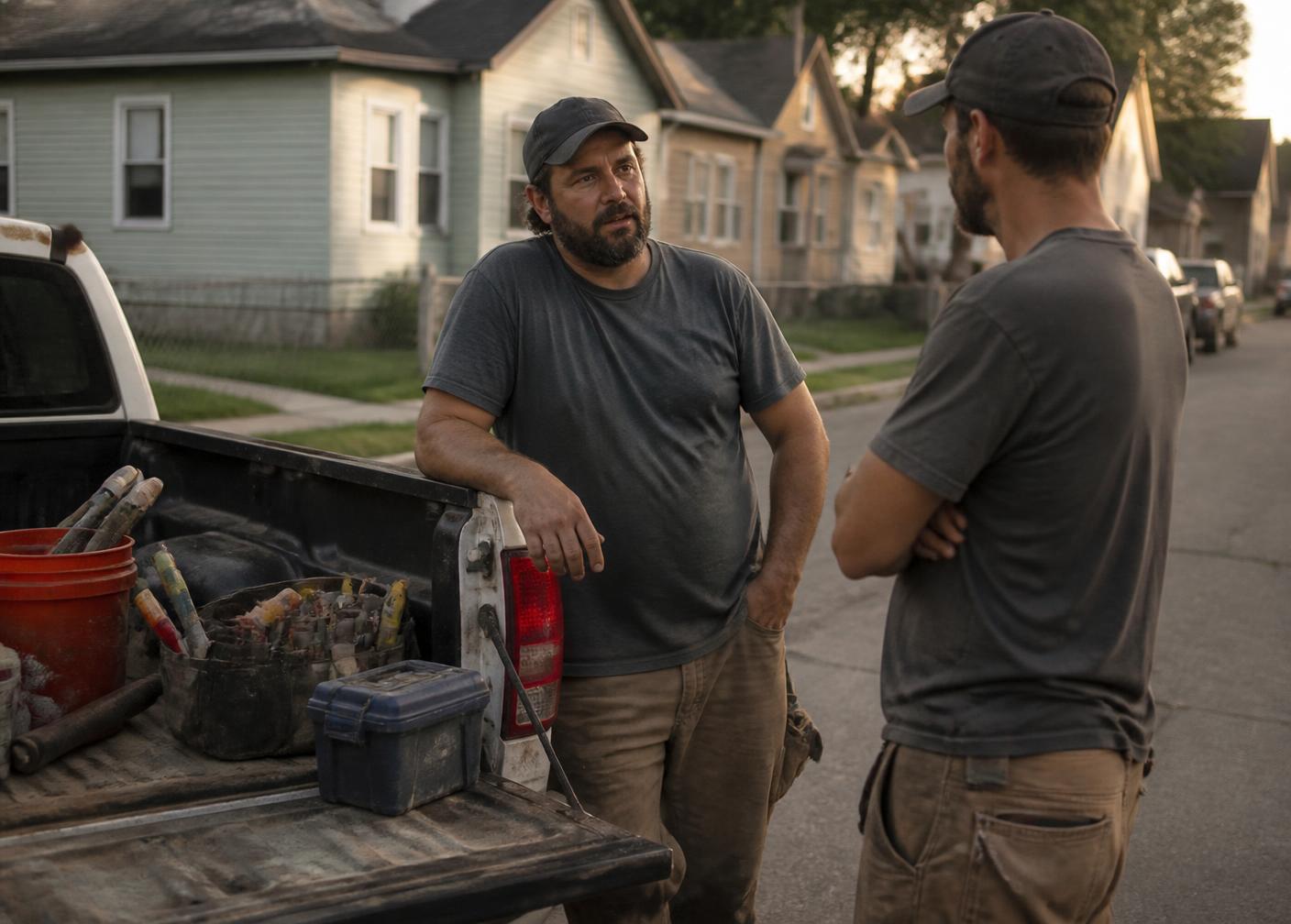 Two tradespeople in plain work clothes talking beside a pickup bed full of tools on a residential street