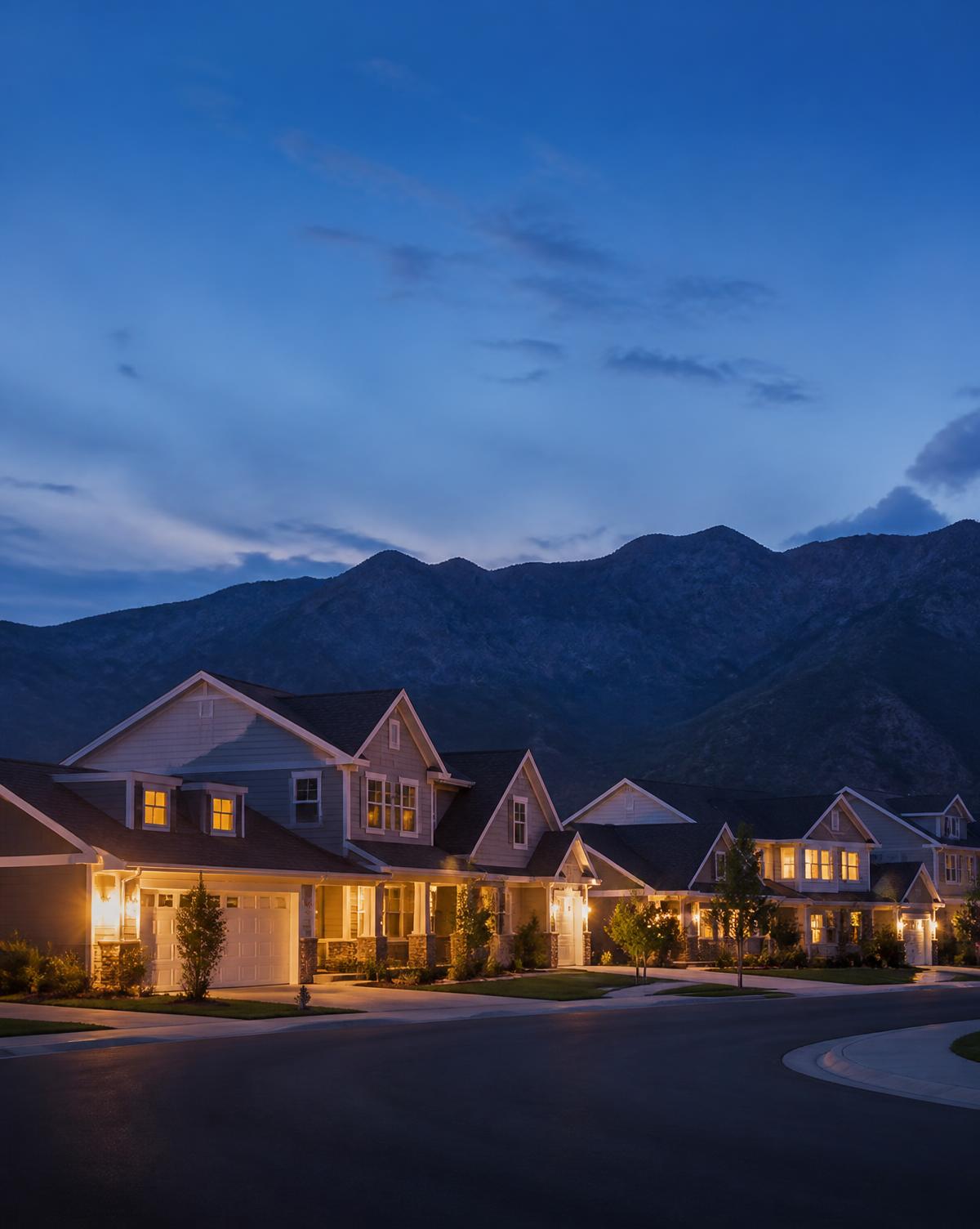Quiet cul-de-sac of newer family homes at blue hour with warm window light and a mountain ridge silhouette