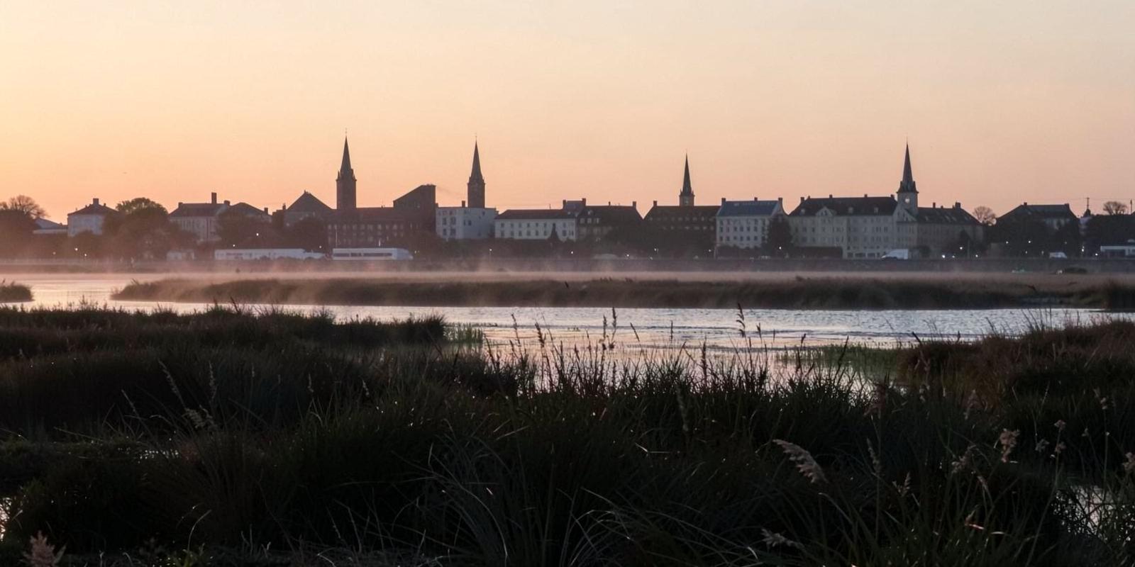 Low coastal city skyline with church steeples silhouetted at dawn across misty tidal marsh water
