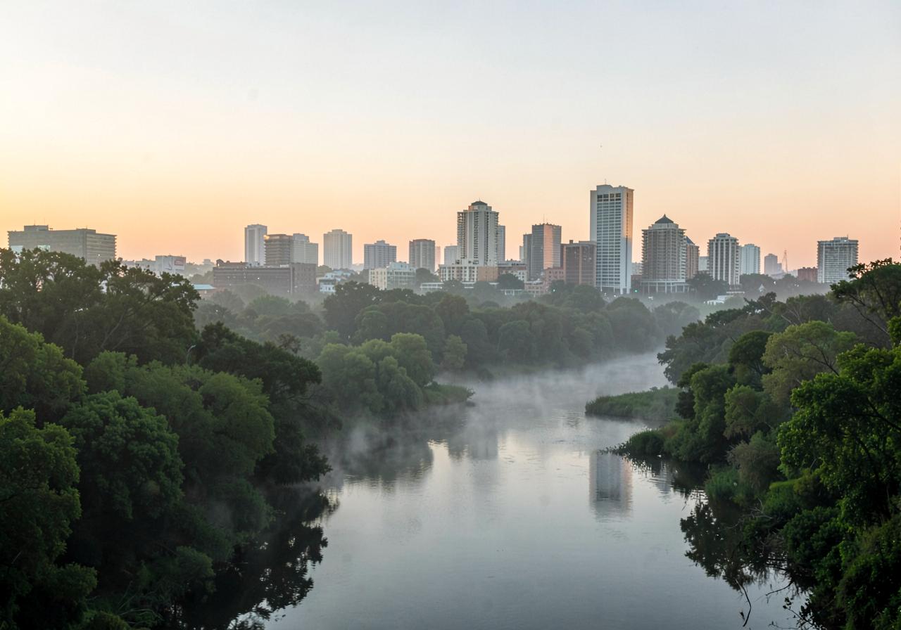Low-rise city skyline at dawn seen across a wooded river bend with mist rising off the water