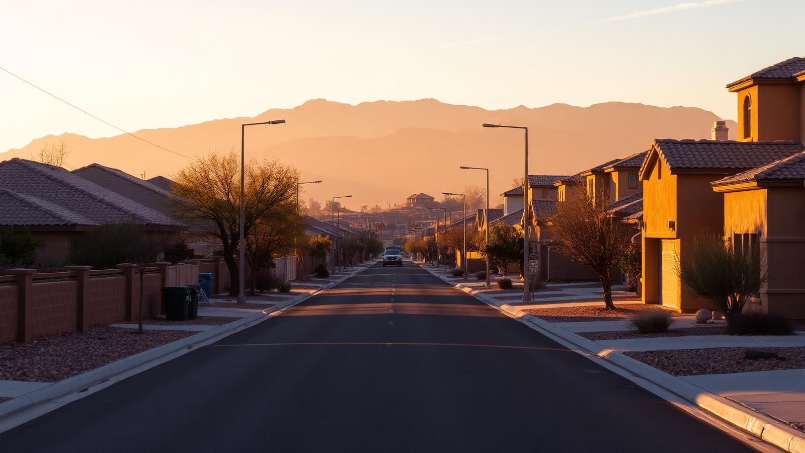 Desert sunset over a quiet El Paso residential street near the Franklin Mountains