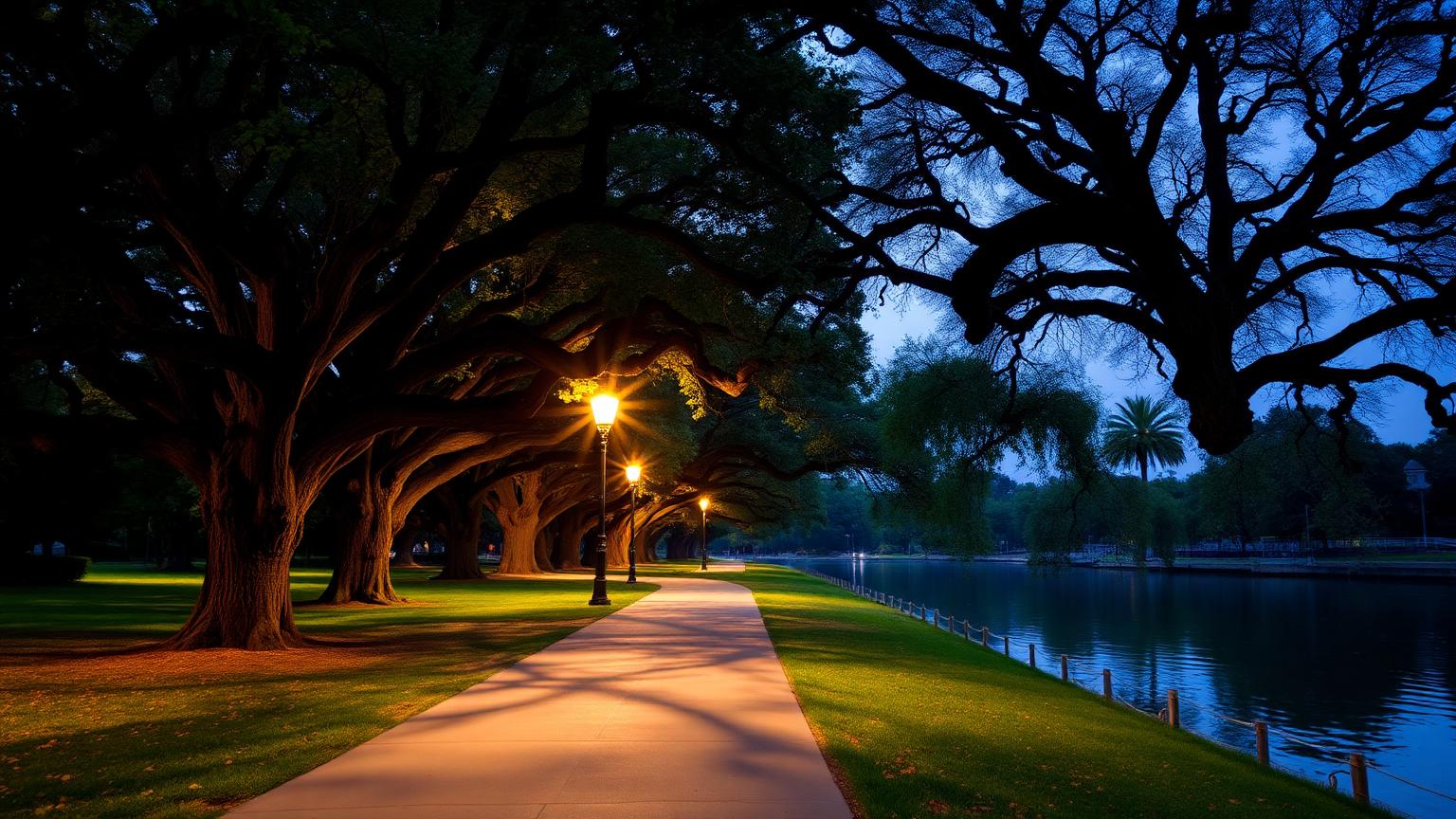 Tree-lined riverside park path through downtown San Jose at dusk