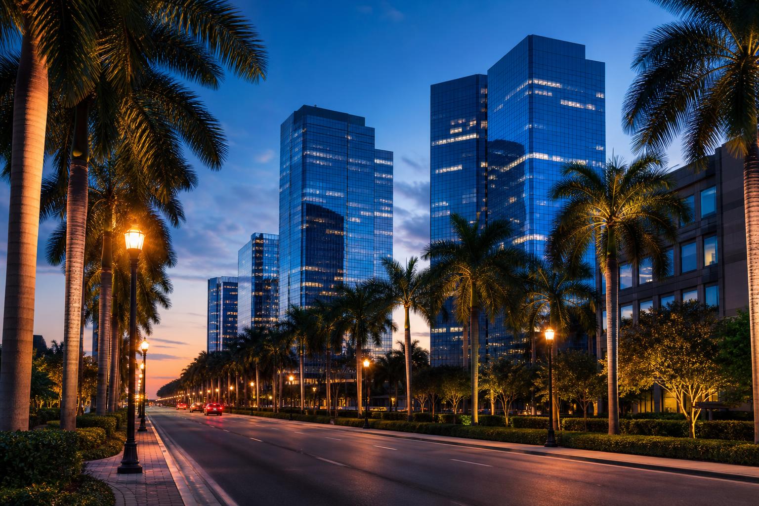 Palm-lined Orlando boulevard at dusk with glass office towers and warm street lamps