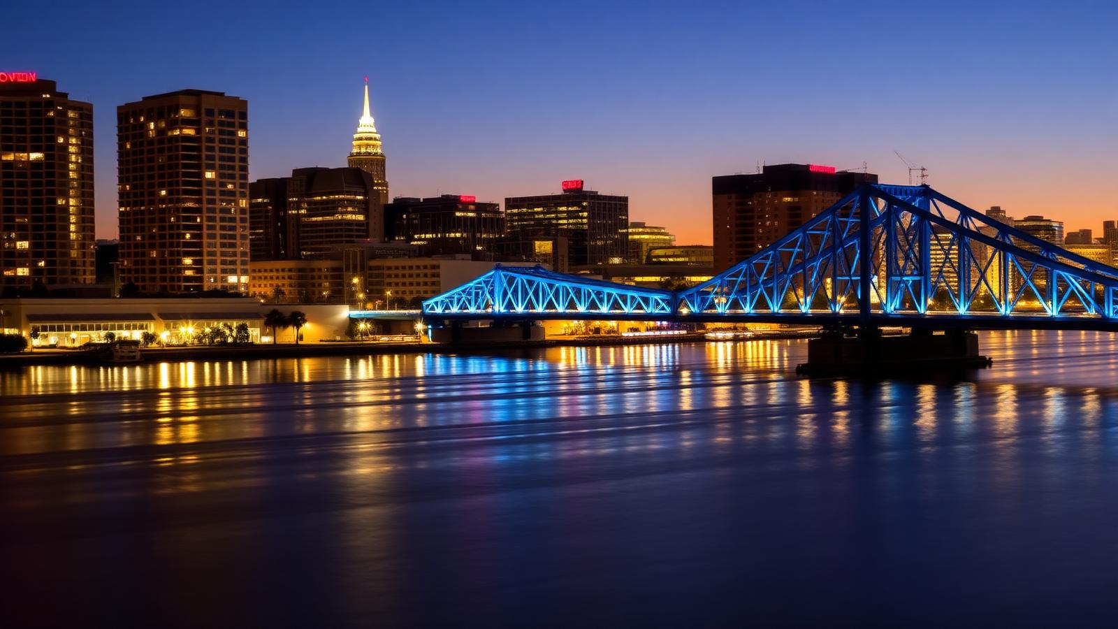 Downtown Jacksonville skyline at dusk with an illuminated blue bridge reflected in the St. Johns River