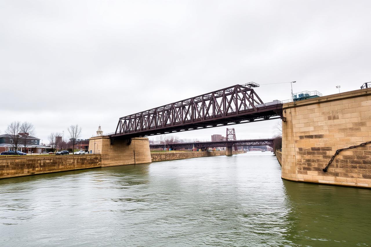 The Des Plaines River flowing through downtown Joliet with historic bridges and buildings