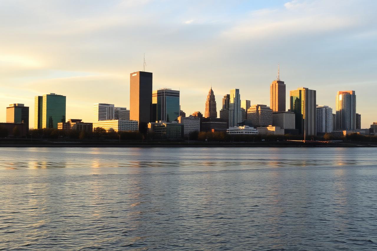 A downtown skyline of mid-rise office towers set against a river and pedestrian bridges