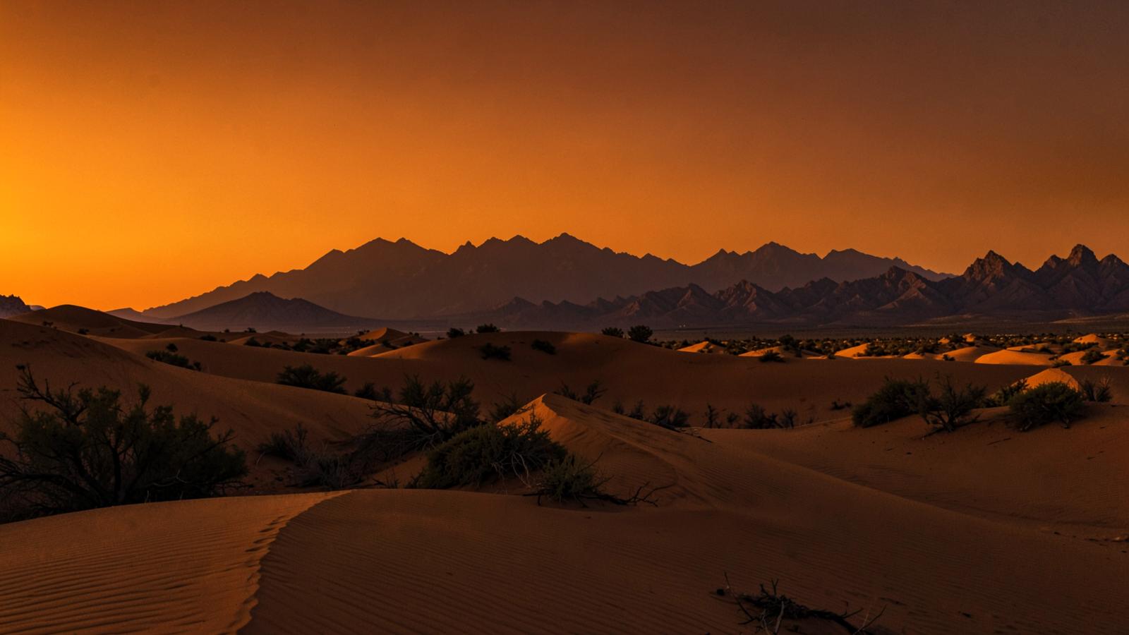 Low desert sand dunes and creosote at sunset with long shadows and jagged ranges silhouetted against a deep orange sky