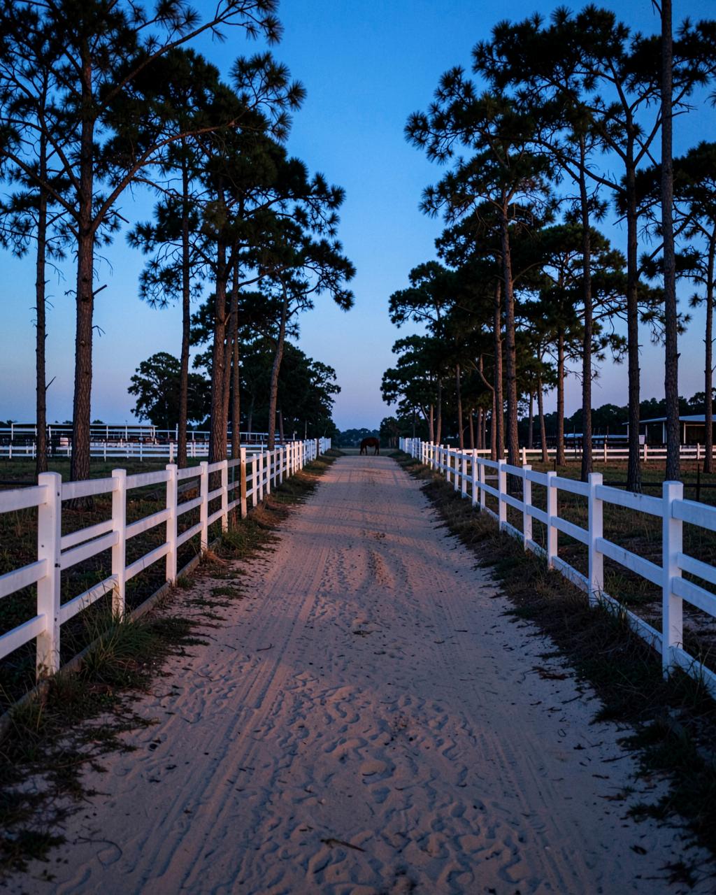Sandy lane between white board fences at dusk with pines overhead and a horse grazing in the distance