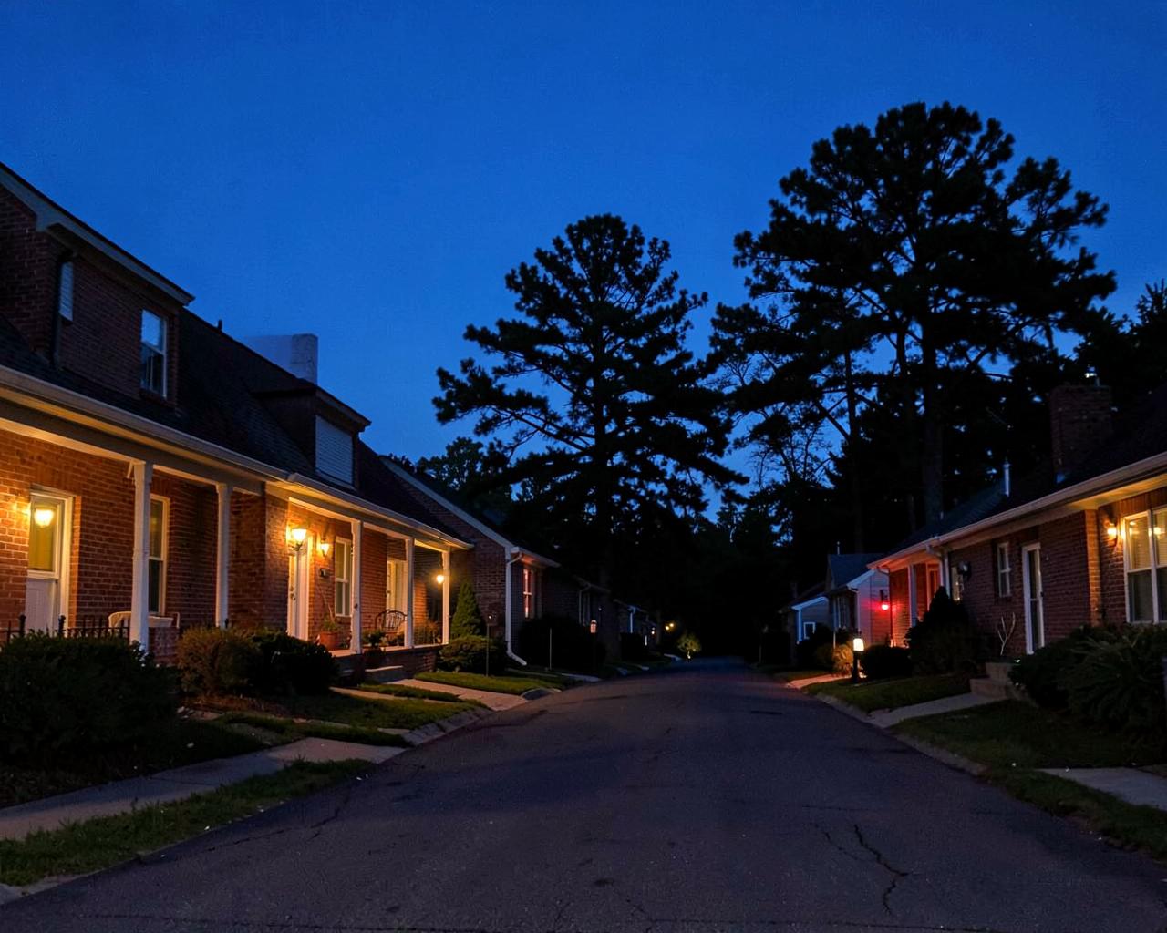 Quiet suburban street at dusk with warm porch lights glowing on brick houses beneath tall pines