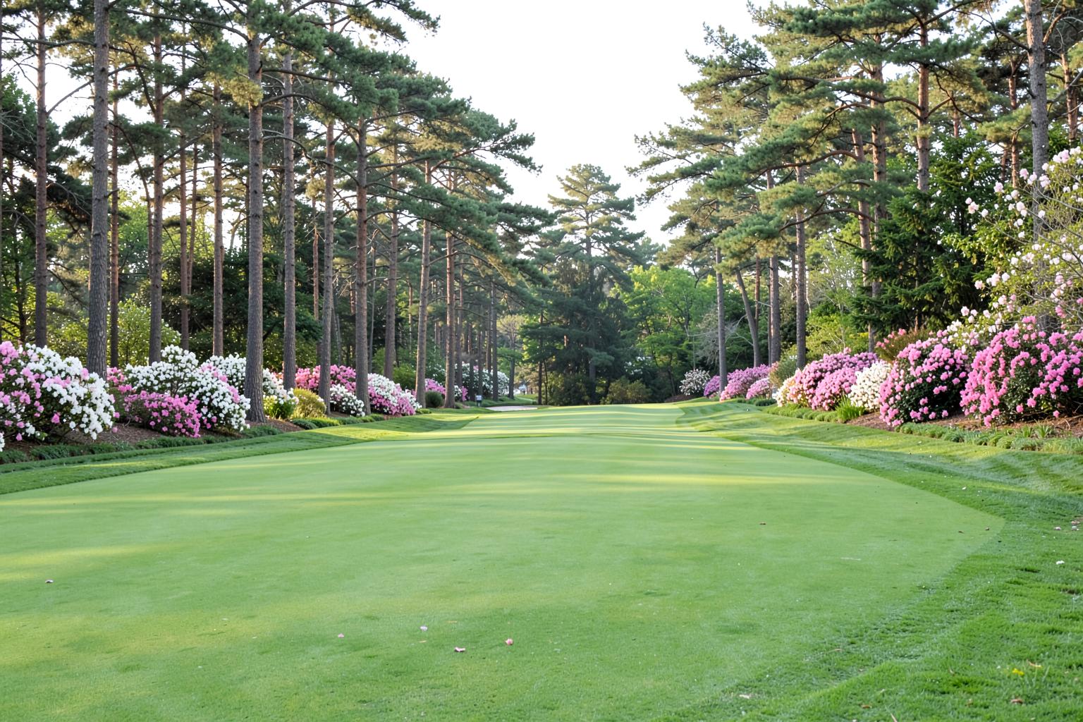 Manicured golf fairway in spring lined with tall pines and banks of blooming pink and white azaleas in soft morning light