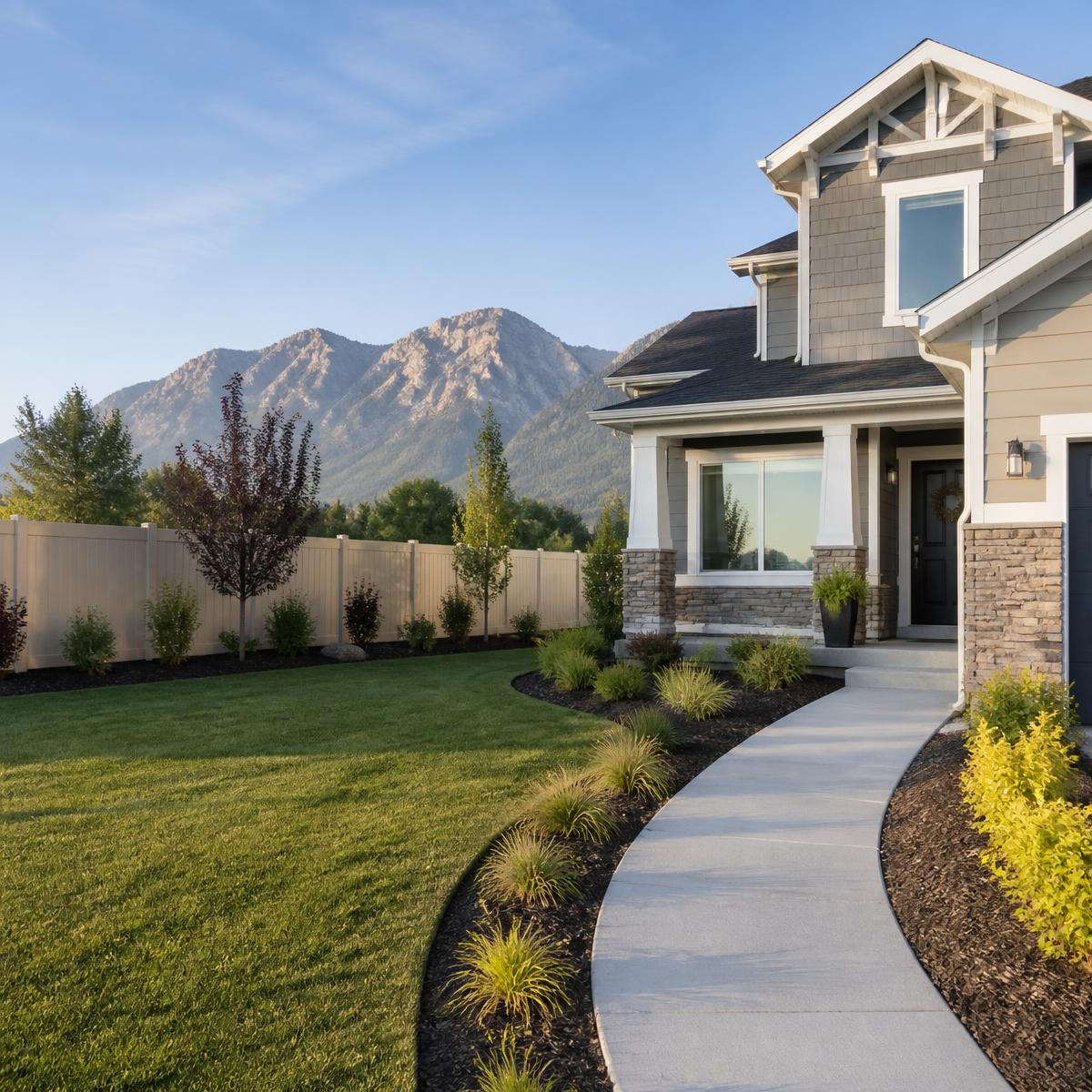 New vinyl fence line, poured concrete walkway and fresh landscaping wrapping a recently built home with mountains behind