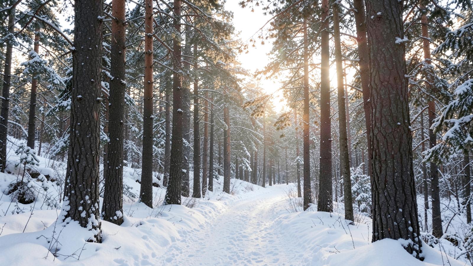 Snow-covered trail curving between tall pine trunks with soft winter sun breaking through