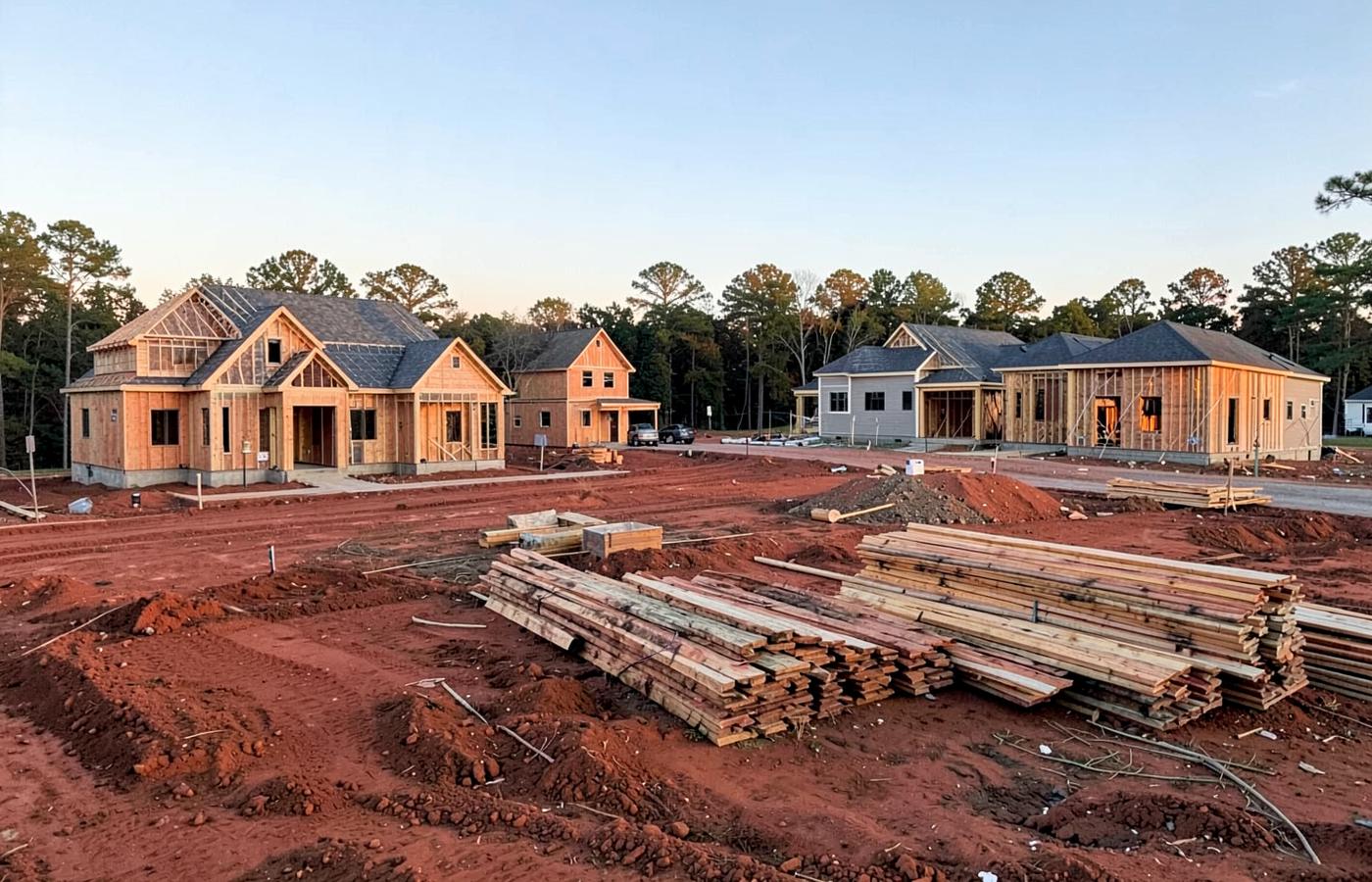 Suburban houses under construction with wood framing, red clay lots and stacked lumber at sunrise