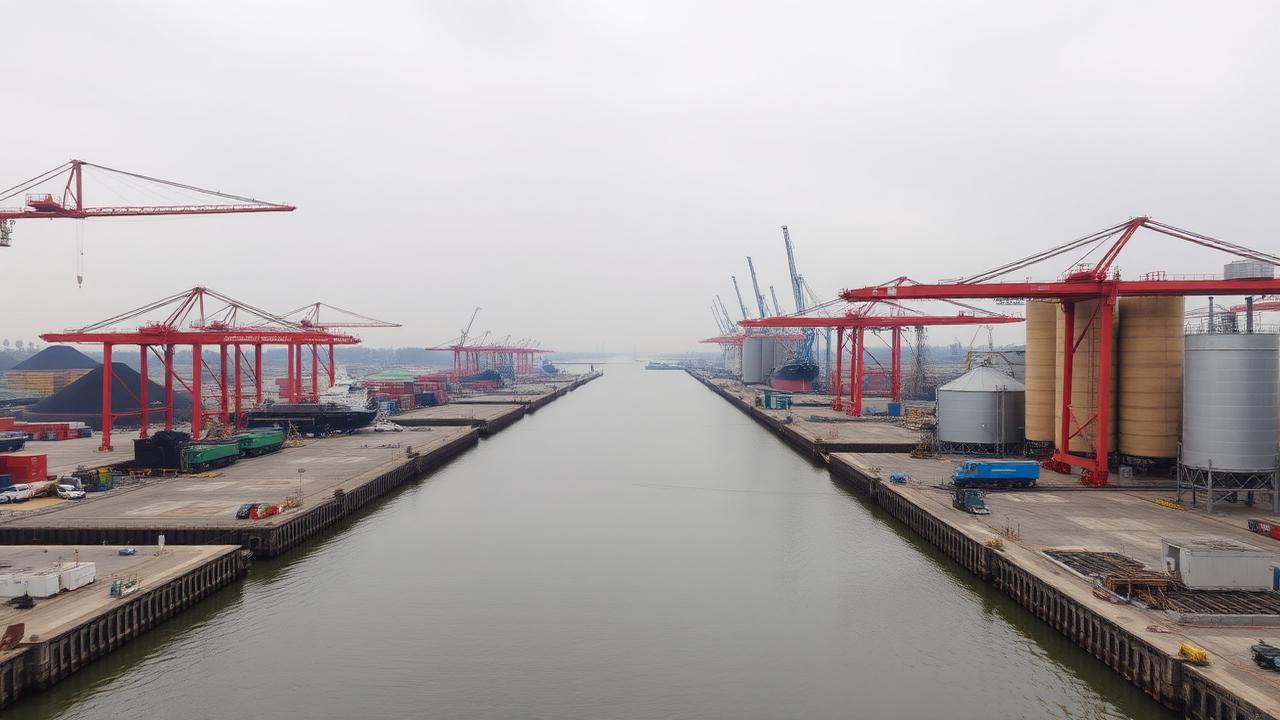 Industrial river port with tall gantry cranes, bulk piles, and silos along a wide channel under grey sky