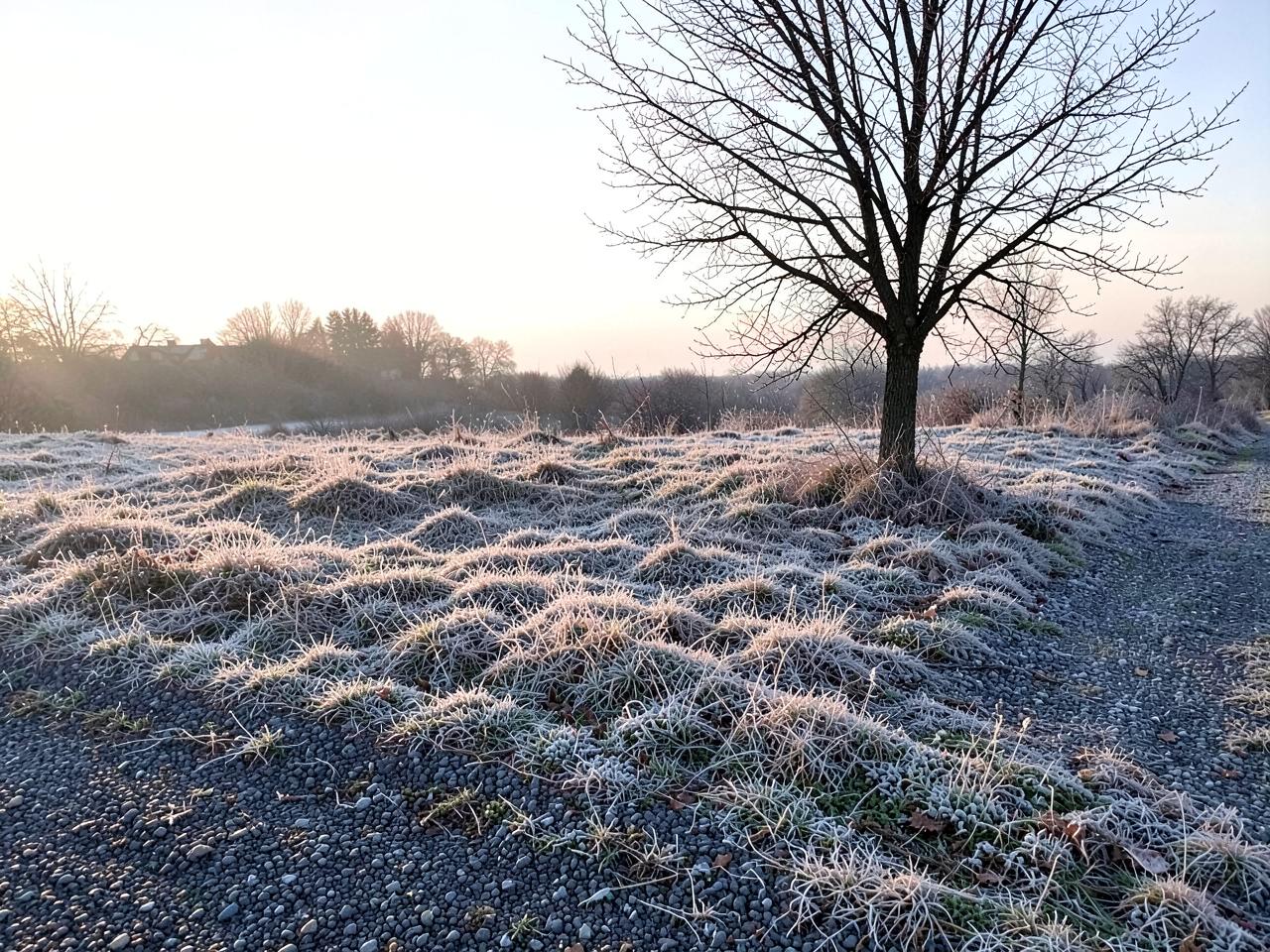 Frost-covered dry grass and a bare tree beside a gravel shoulder in low winter sunlight