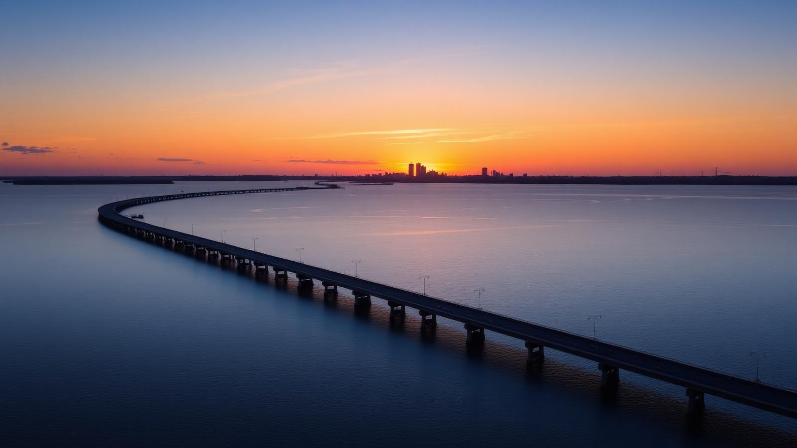 Long low causeway crossing Tampa Bay with open water on both sides at golden hour