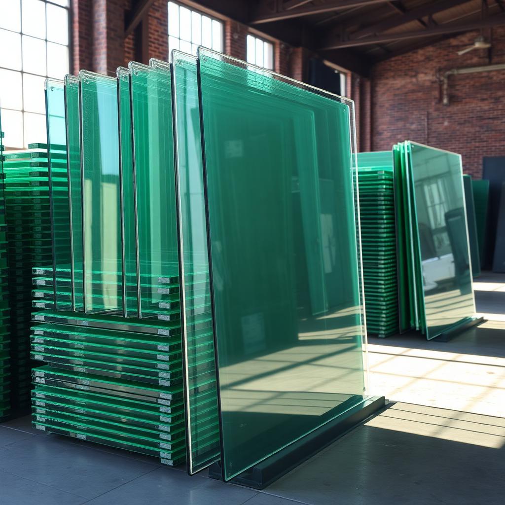 Stacks of clear and green sheet glass panes on a factory floor catching cold daylight