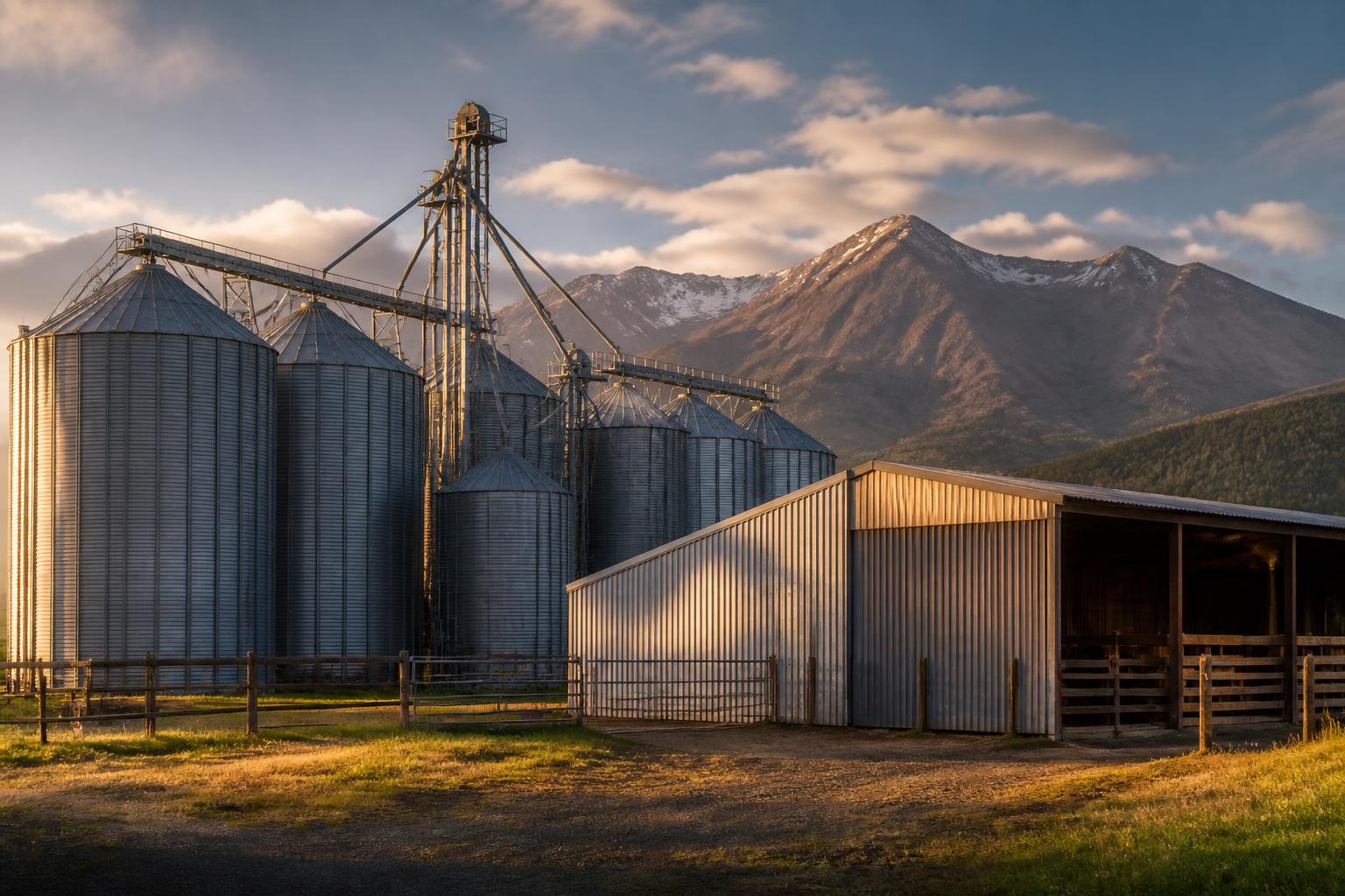 Cluster of tall galvanized grain silos and a corrugated feed shed at golden hour with mountains behind
