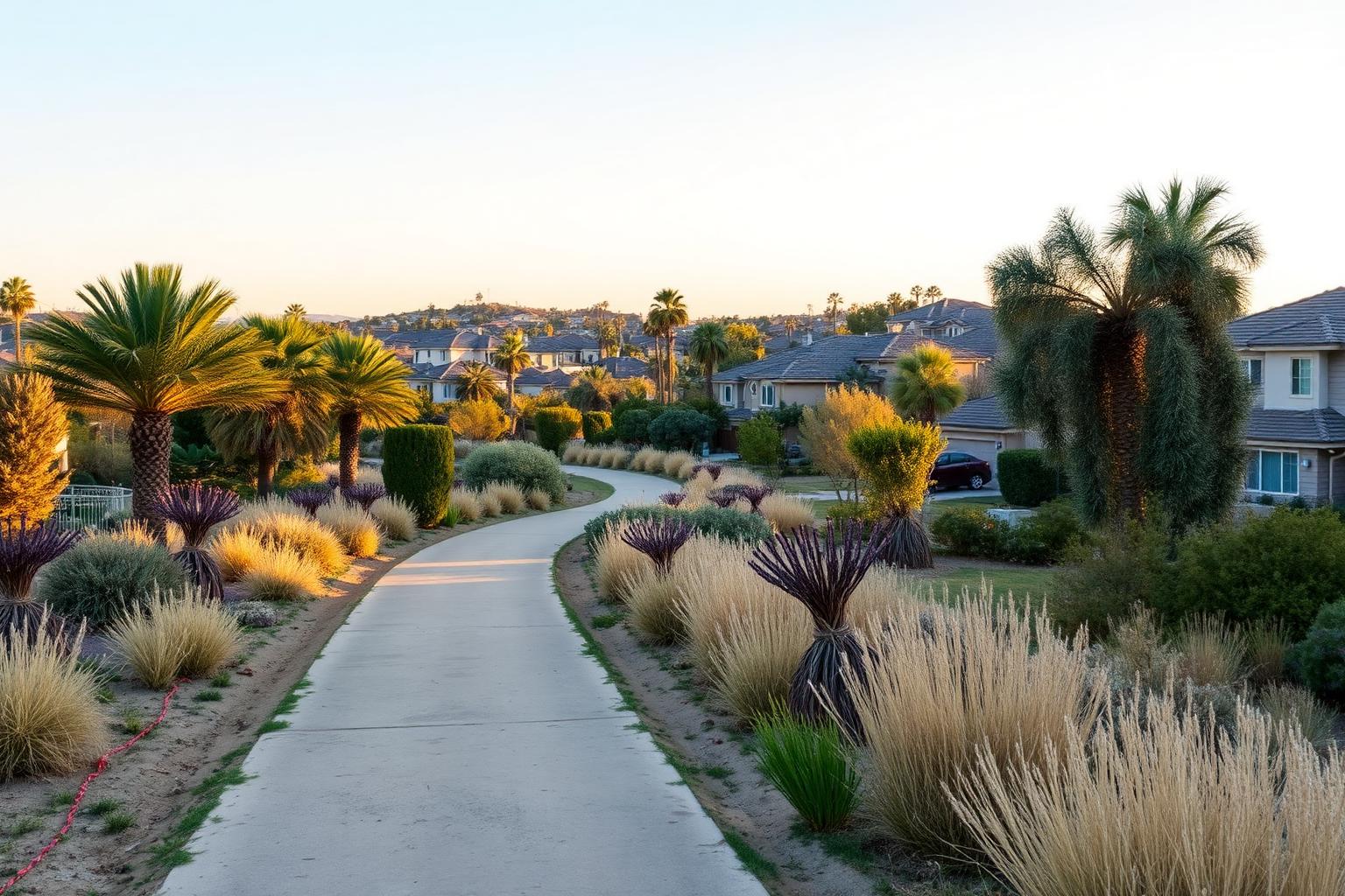 Quiet suburban greenbelt walkway lined with mature trees in a West Anaheim neighborhood