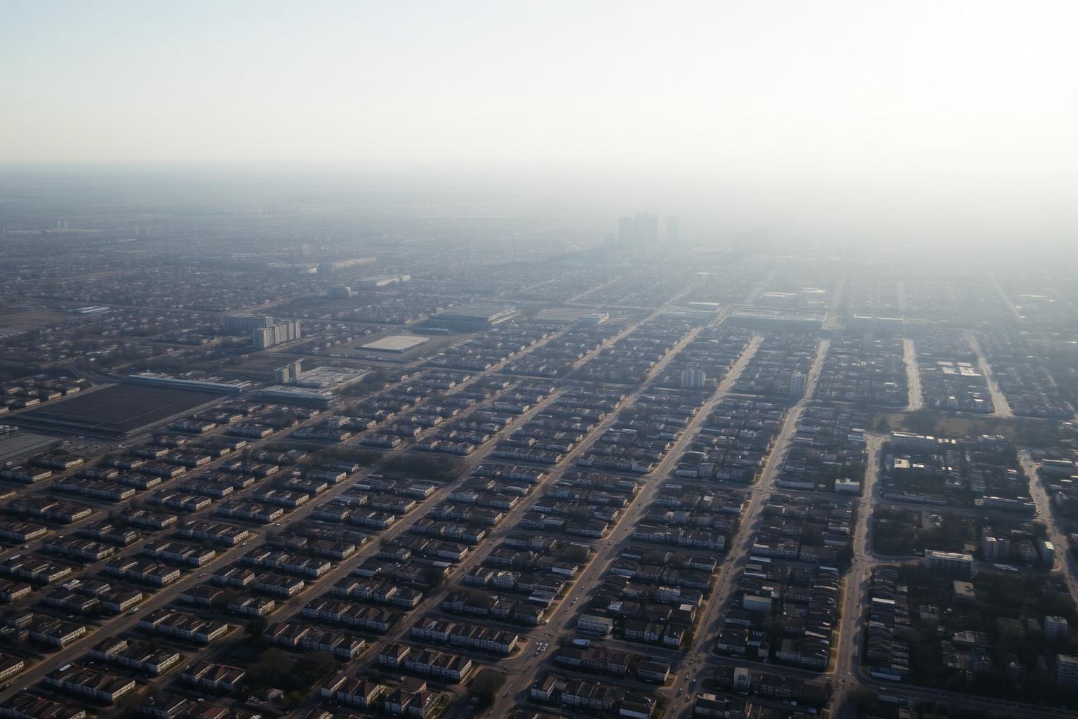 Aerial view of Chicago's dense neighborhood street grid with brick two-flats, alleys and rooftops