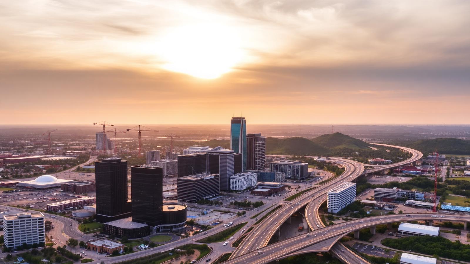 Aerial view of the Austin, Texas metro at golden hour with construction cranes and a highway curving toward the hills
