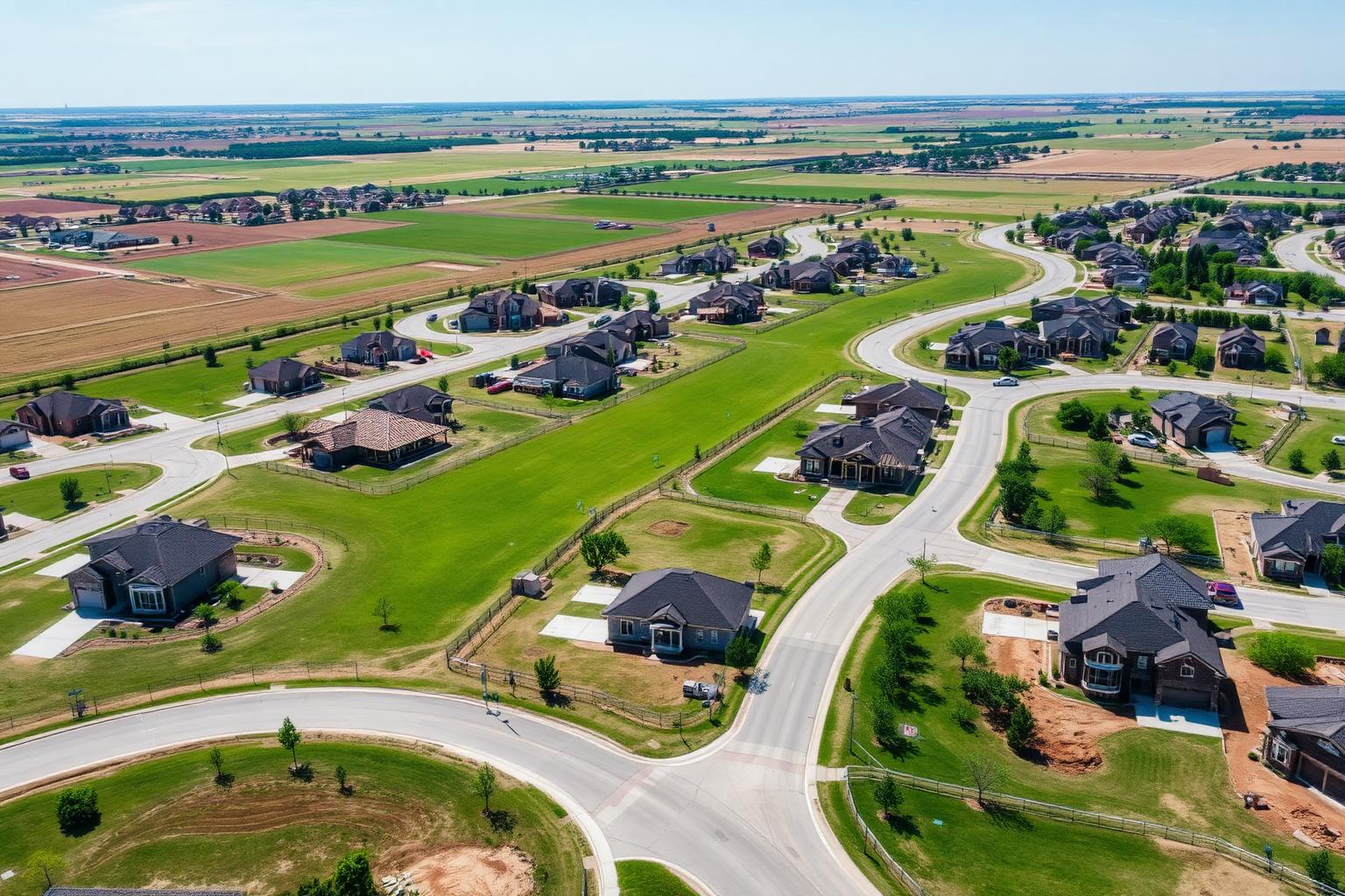 Aerial view of a new master-planned subdivision spreading across flat prairie north of Frisco